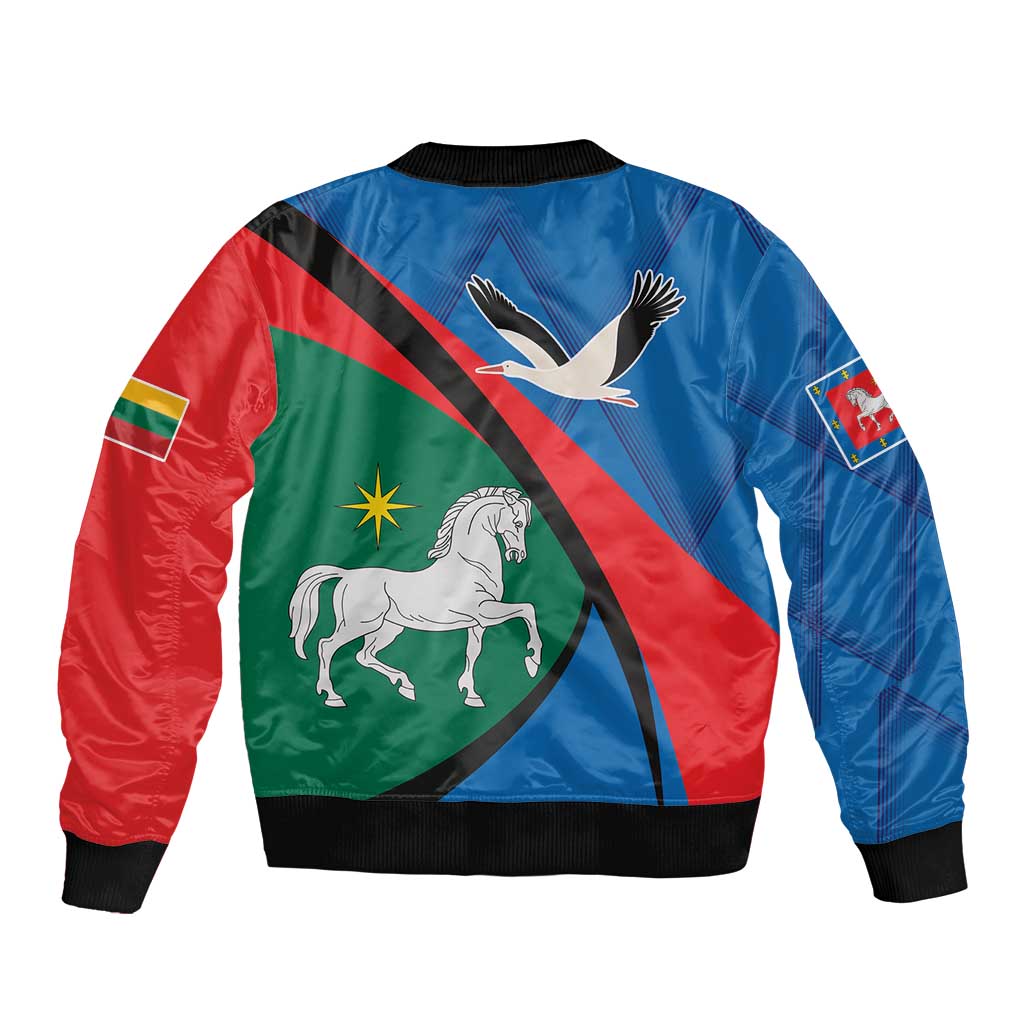 Unisex blue bomber jacket back view with flag graphics, patch badge, and ribbed hem