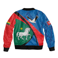 Unisex blue bomber jacket back view with flag graphics, patch badge, and ribbed hem