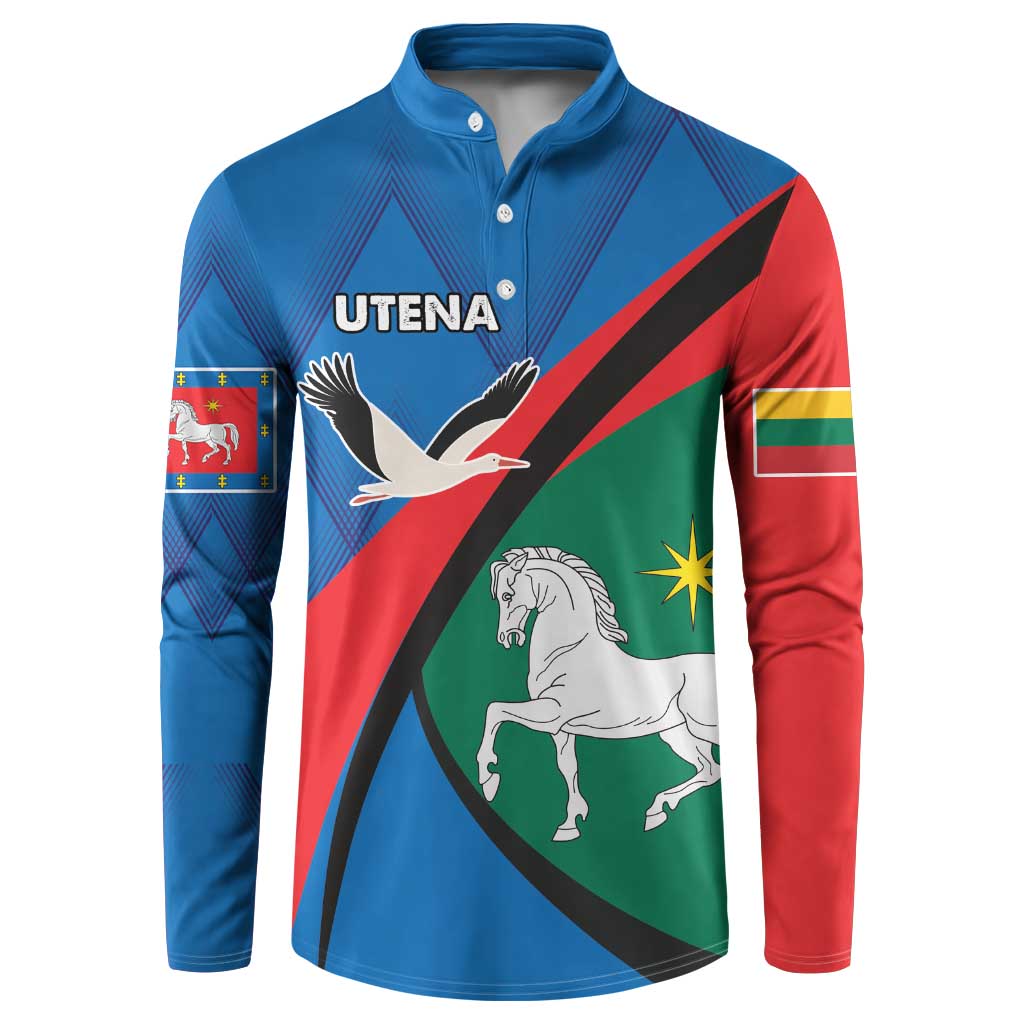 Blue button sweatshirt with UTENA® logo and bird, horse, and diagonal flag graphic.