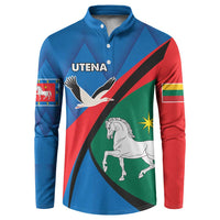Blue button sweatshirt with UTENA® logo and bird, horse, and diagonal flag graphic.