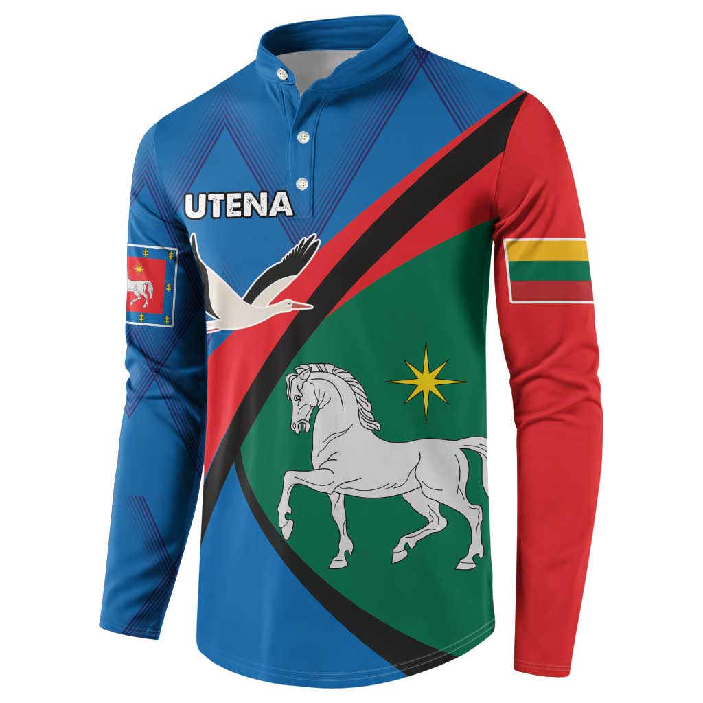 Blue button sweatshirt, front view with UTENA® logo and horse-and-bird flag graphic.