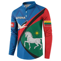 Blue button sweatshirt, front view with UTENA® logo and horse-and-bird flag graphic.