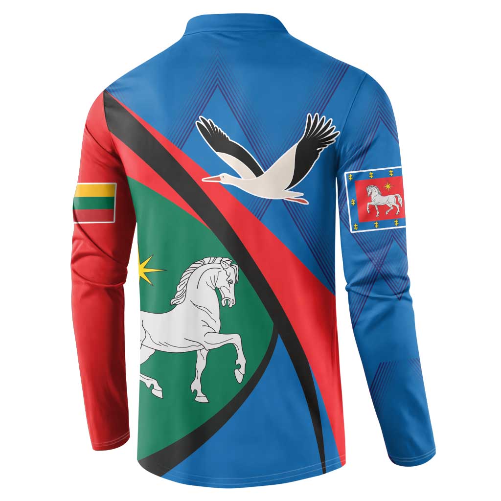 Blue button sweatshirt, back view with bird and horse print plus flag-style diagonal stripe.