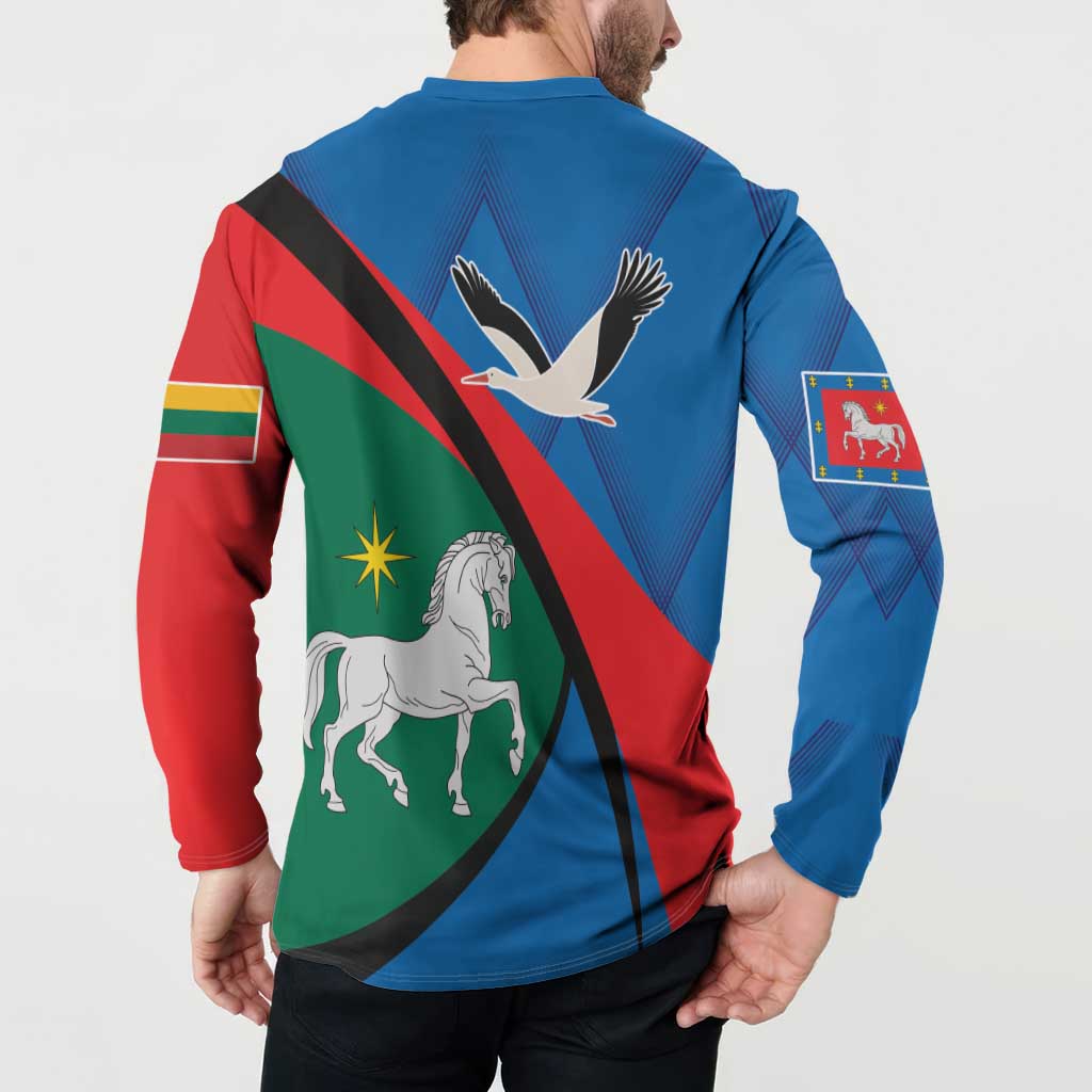 Blue button sweatshirt, back view with bird and diagonal stripe graphic and patch sleeve.