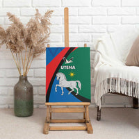 Canvas wall art depicting a white horse with UTENA lettering on green, blue, and red shapes