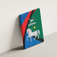Utena canvas wall art on wall with white horse, UTENA text, and flying bird graphic