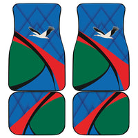 Blue car floor mat set of 4 with bird graphic and curved flag stripes