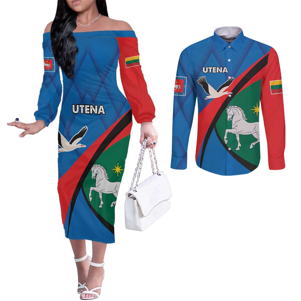 Lithuania Utena County Couples Matching Off The Shoulder Long Sleeve Dress and Long Sleeve Button Shirt Utenos Apskritis