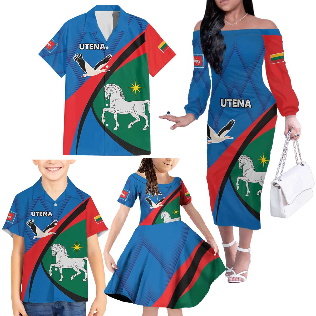 Lithuania Utena County Family Matching Off The Shoulder Long Sleeve Dress and Hawaiian Shirt Utenos Apskritis