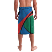 Blue printed board shorts with elastic waistband and multi-color diagonal stripe design