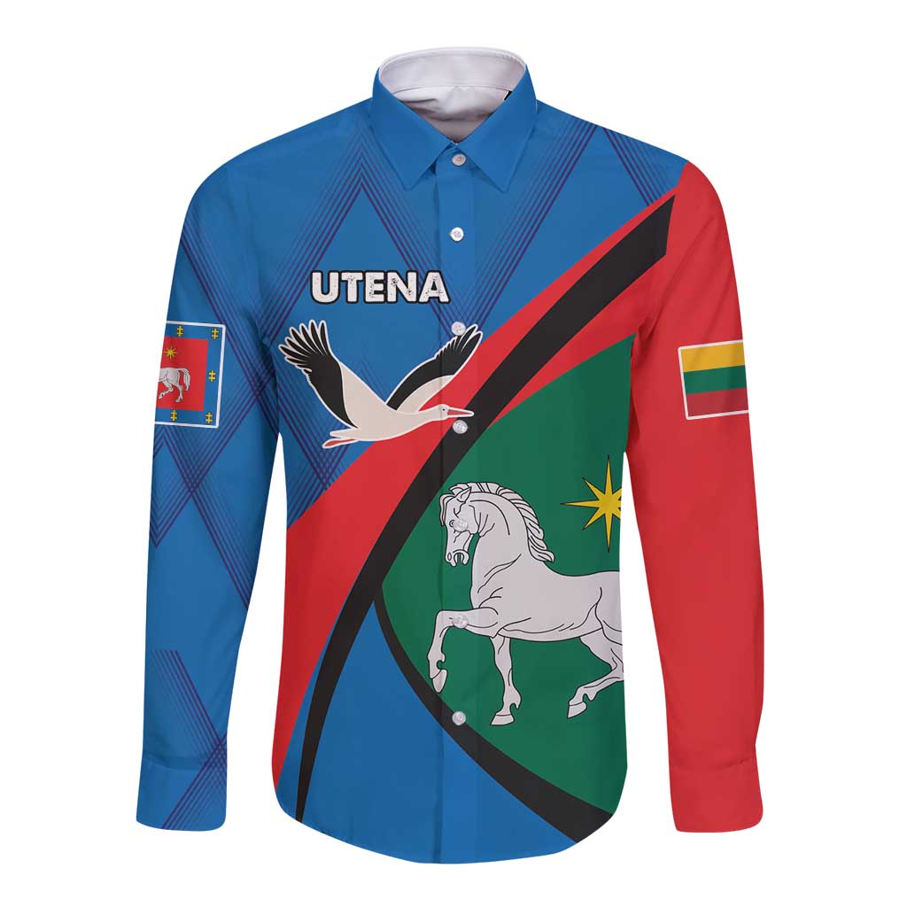 Blue long-sleeve button shirt with crest graphic front in red, green, and black