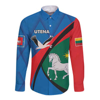 Blue long-sleeve button shirt with crest graphic front in red, green, and black