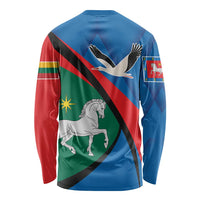 Unisex long-sleeve shirt with back flag graphics, horse emblem, and diagonal emblem stripe