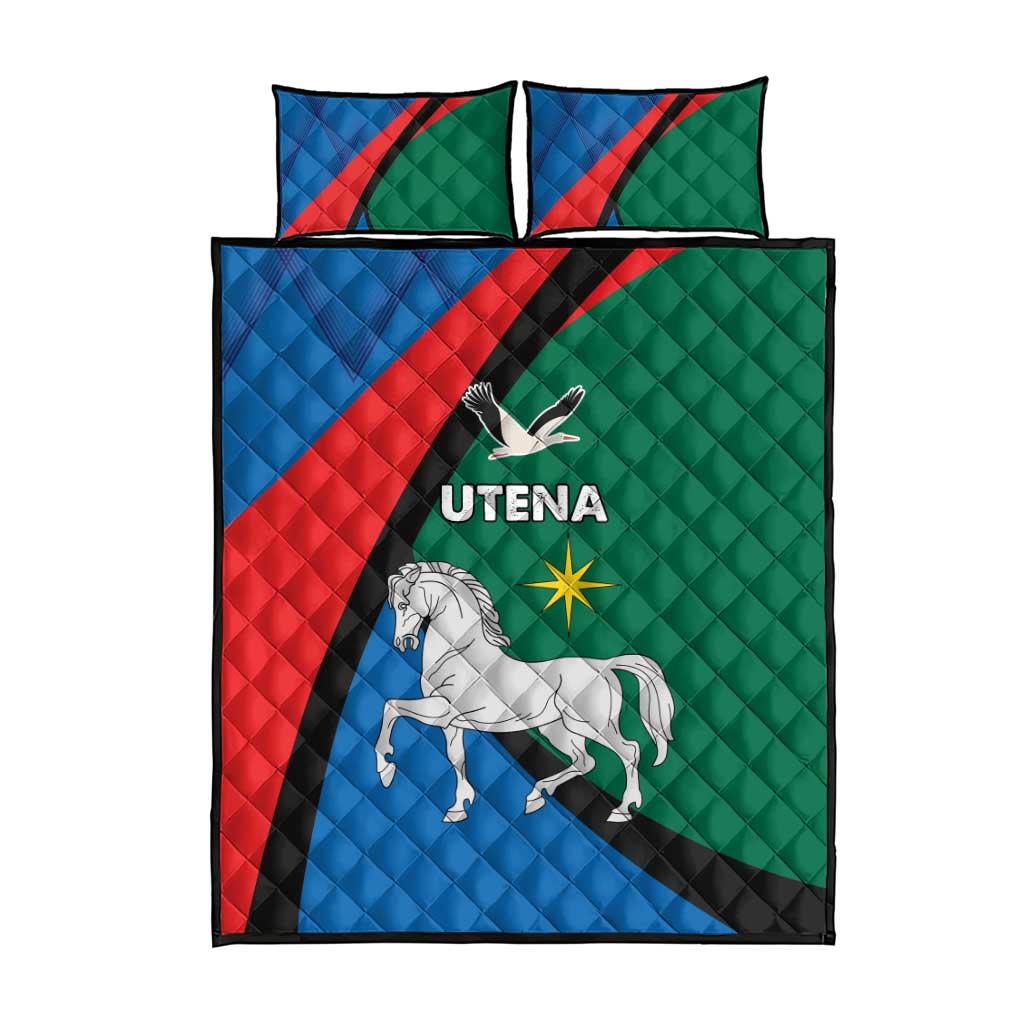 Quilt bed set with two pillow shams; Utena logo, star, white horse on red, blue, green