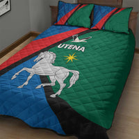 Quilt bed set with Utena text and white horse; green, blue, and red panel pattern