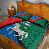 Quilt bed set with two pillows; green, blue, red design featuring Utena text and white horse