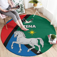Round green rug with horse and UTENA text, red and blue border stripes