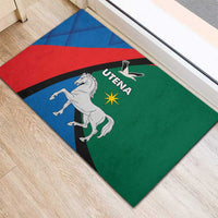 Rectangular rubber doormat in green, blue, and red with horse and bird logos