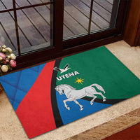 Rubber doormat with Utena crest design: white horse on blue with green background
