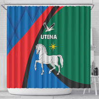 Shower curtain with blue, red, black and green panel, white horse graphic and Utena lettering