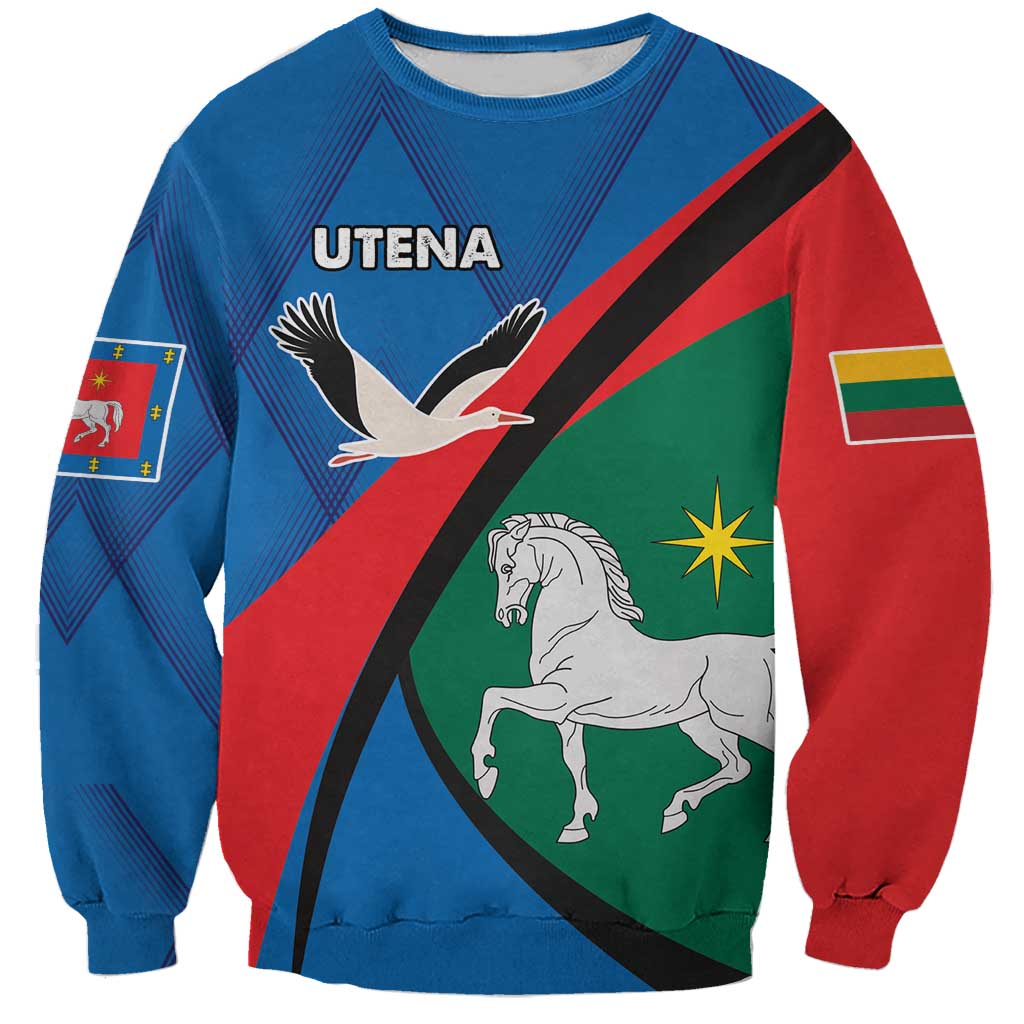 Unisex blue sweatshirt with diagonal flag graphic, eagle and horse print, ribbed cuffs