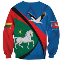 Unisex blue sweatshirt with back flag print, eagle over horse, long sleeves, ribbed hem