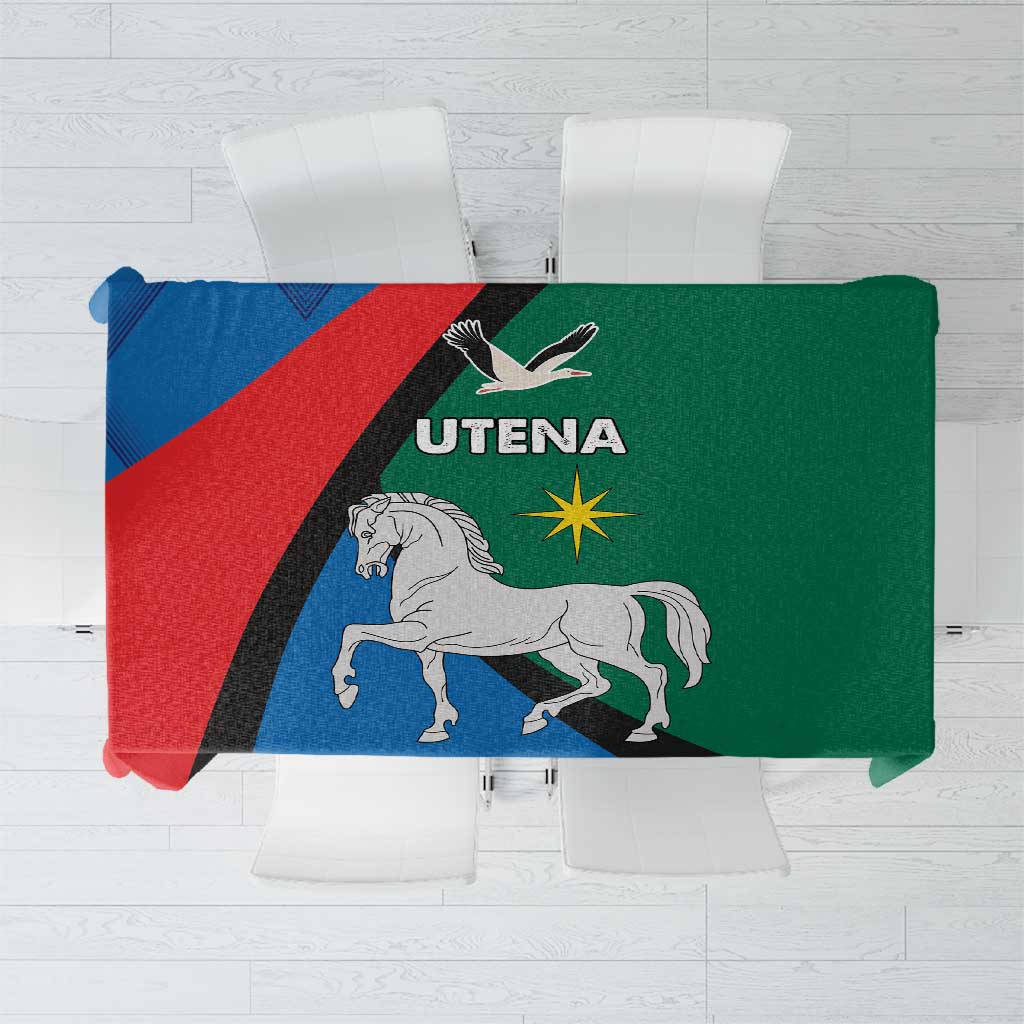 Colorful Utena-themed tablecloth with horse crest, blue red green, black stripe
