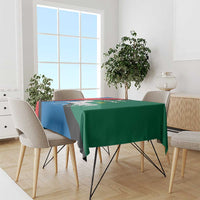 Dining tablecloth with Utena design, blue red green blocks and black diagonal stripe