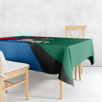 Utena-themed tablecloth with blue red green design, black diagonal stripe, over table edge