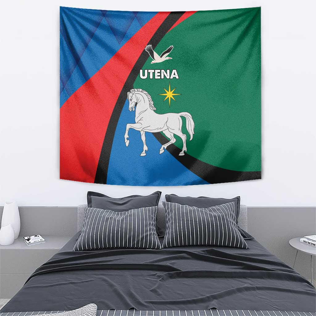 Blue red green tapestry flag featuring a white horse, bird, and UTENA lettering