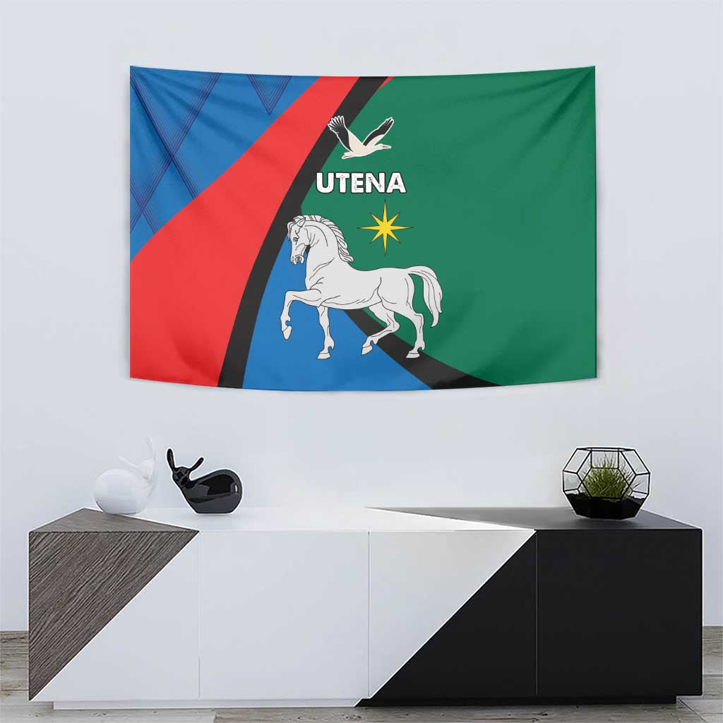 Rectangular tapestry flag with diagonal stripes, white horse, star, bird, and UTENA text