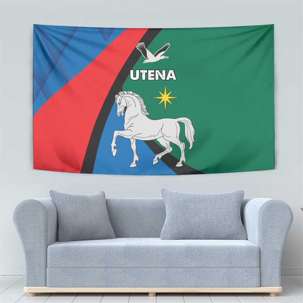 Hanging tapestry flag with white horse, bird, star, and UTENA text on blue red green