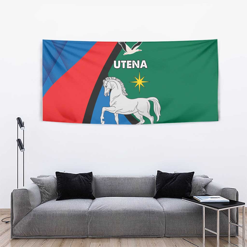 Tapestry flag showing white horse and bird with UTENA text over blue red green diagonals