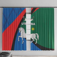 Utena-themed window curtains, blue/red/green panels with horse and star graphics