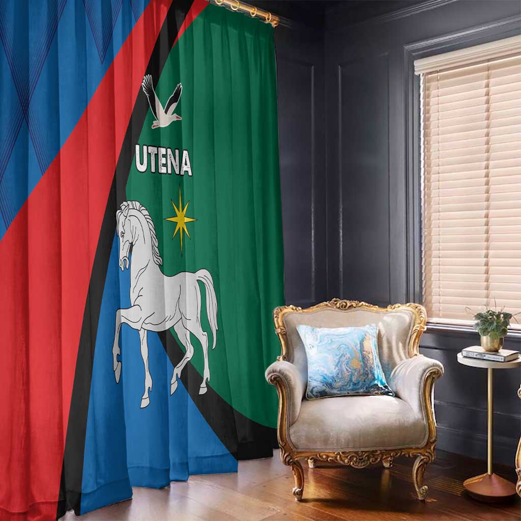 Pair of Utena-themed window curtains with horse, bird, and star print in blue