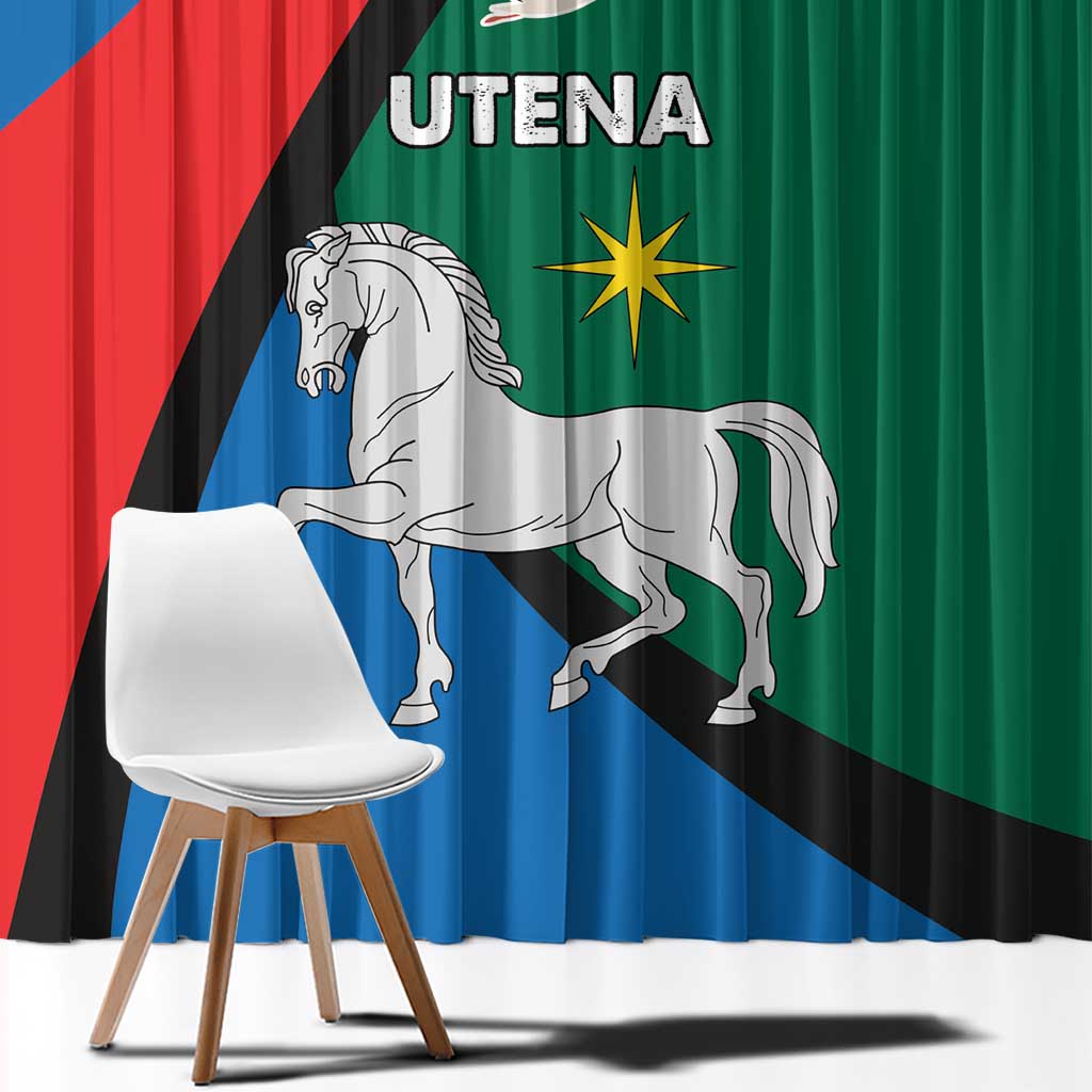 Close view of Utena-themed curtain fabric showing large horse and star emblem