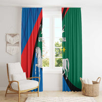 Utena-themed window curtains with horse and star motifs on blue and green panels