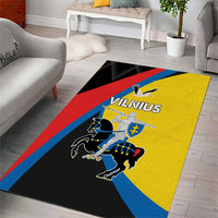 Black area rug with yellow panel, red and blue stripes, and Vilnius crest design.