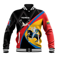 Black unisex baseball jacket with striped collar, button front, and colorful crest graphic