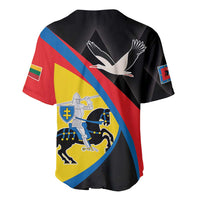 Black baseball jersey with diagonal red-blue-yellow design and white bird graphic