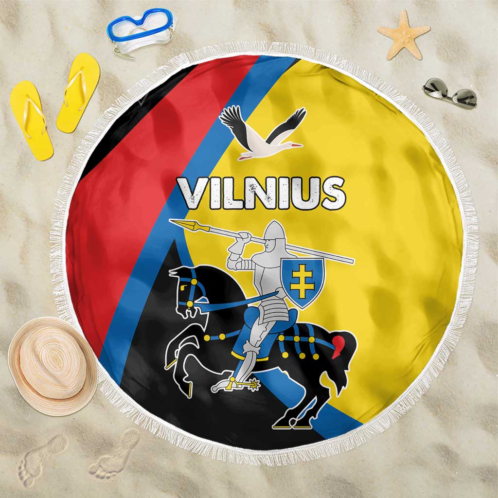 Round beach blanket with fringe, Vilnius graphic design in yellow, red, blue and black