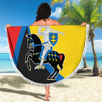 Round beach blanket with fringe, Vilnius coat of arms and rider illustration on yellow base