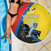 Round beach blanket with fringe, Vilnius graphic printed on yellow, red, blue and black