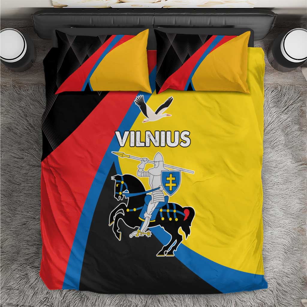 Flag-themed bedding set with yellow, red, blue and black duvet and matching pillows