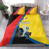 Flag-print bedding set: yellow duvet with red and blue diagonal accents and two pillows