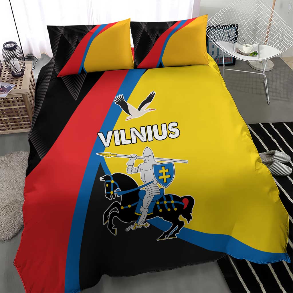 Vilnius-themed bedding set with yellow center, red stripe, blue border, and two pillows