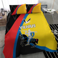 Vilnius-themed bedding set with yellow center, red stripe, blue border, and two pillows