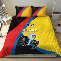 Color-block bedding set with yellow duvet, red diagonal stripe, blue edge, and two pillows