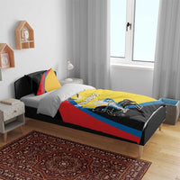 Vilnius flag duvet and pillows on bed, featuring yellow, red, blue and black panels