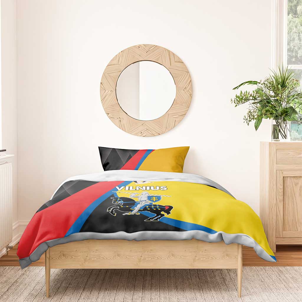Vilnius-themed bedding set with yellow, red, blue and black duvet and two matching pillows